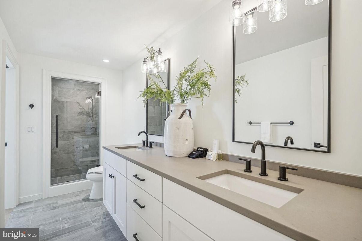 Bathroom, Dual Sink Vanities, Glass Shower, Interior, Recessed Lighting, Wood Texture Flooring