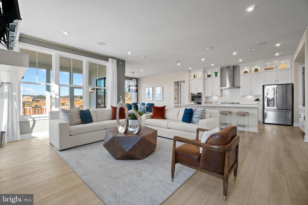 Interior, Kitchen, Living room, Recessed Lighting, Stainless Steel Appliances, Wood Texture Flooring