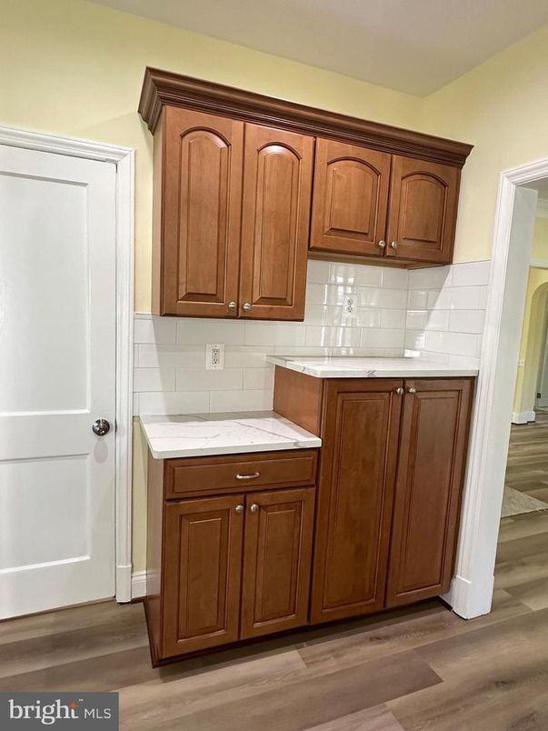 Interior, Kitchen, Tile Countertops, Wood Texture Flooring