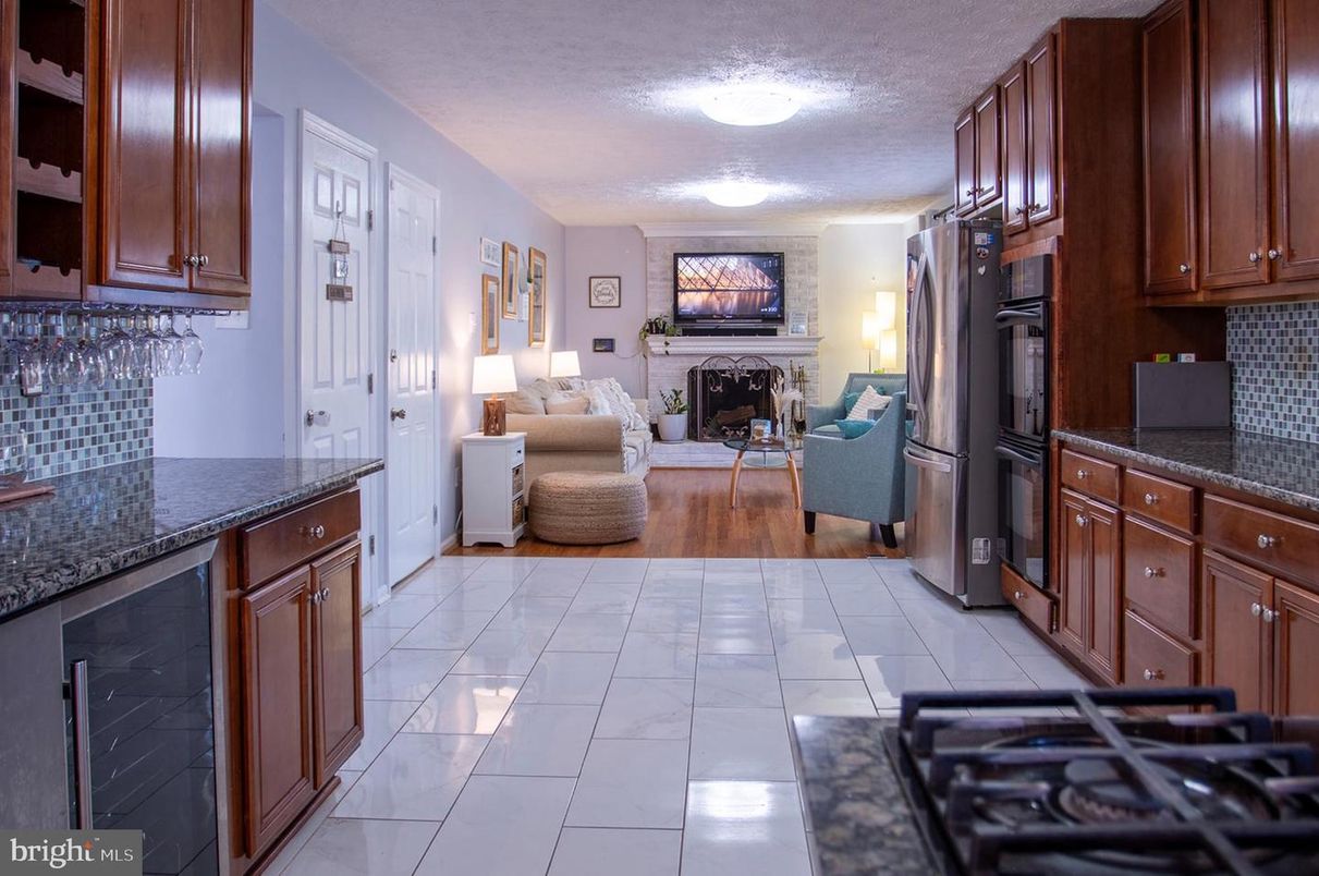 Fireplace, Interior, Kitchen, Living room, Wood Texture Flooring