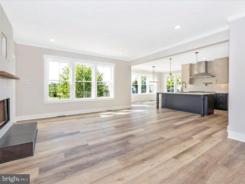 Fireplace, Interior, Kitchen, Pendant Lights, Recessed Lighting, Wood Texture Flooring