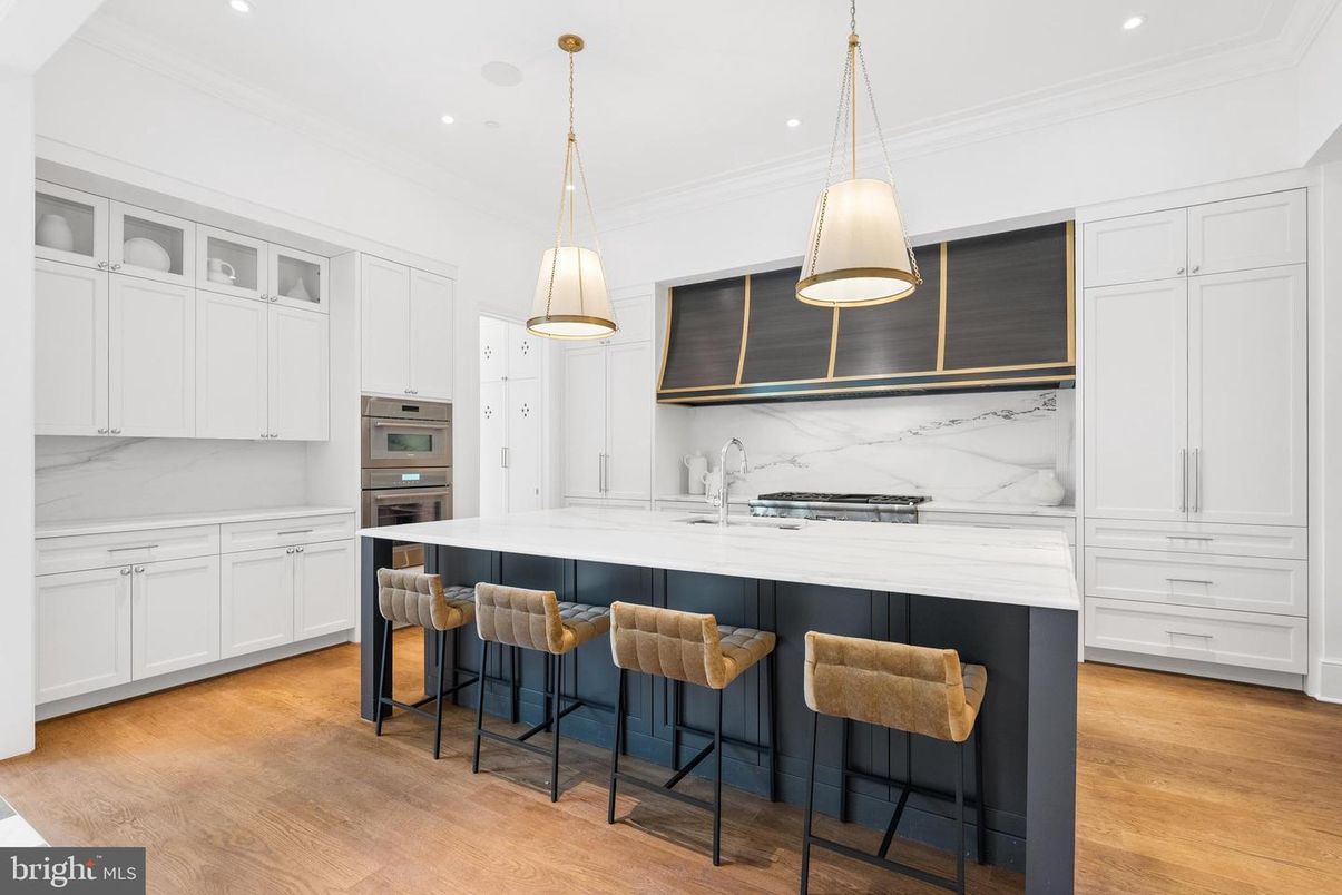 Interior, Kitchen, Marble Walls, Pendant Lights, Recessed Lighting, Stainless Steel Appliances, Wood Texture Flooring