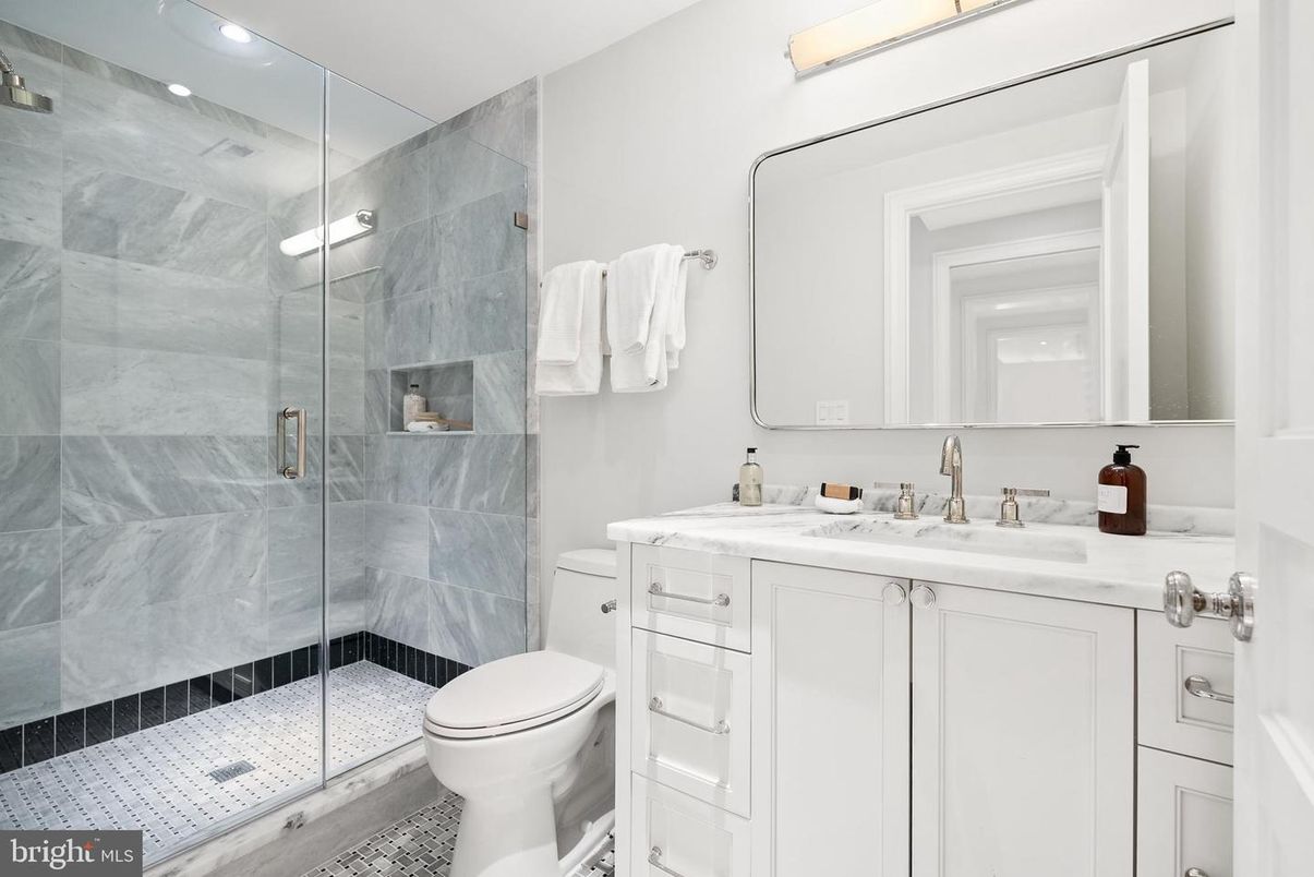 Bathroom, Glass Shower, Interior, Marble Walls, Recessed Lighting
