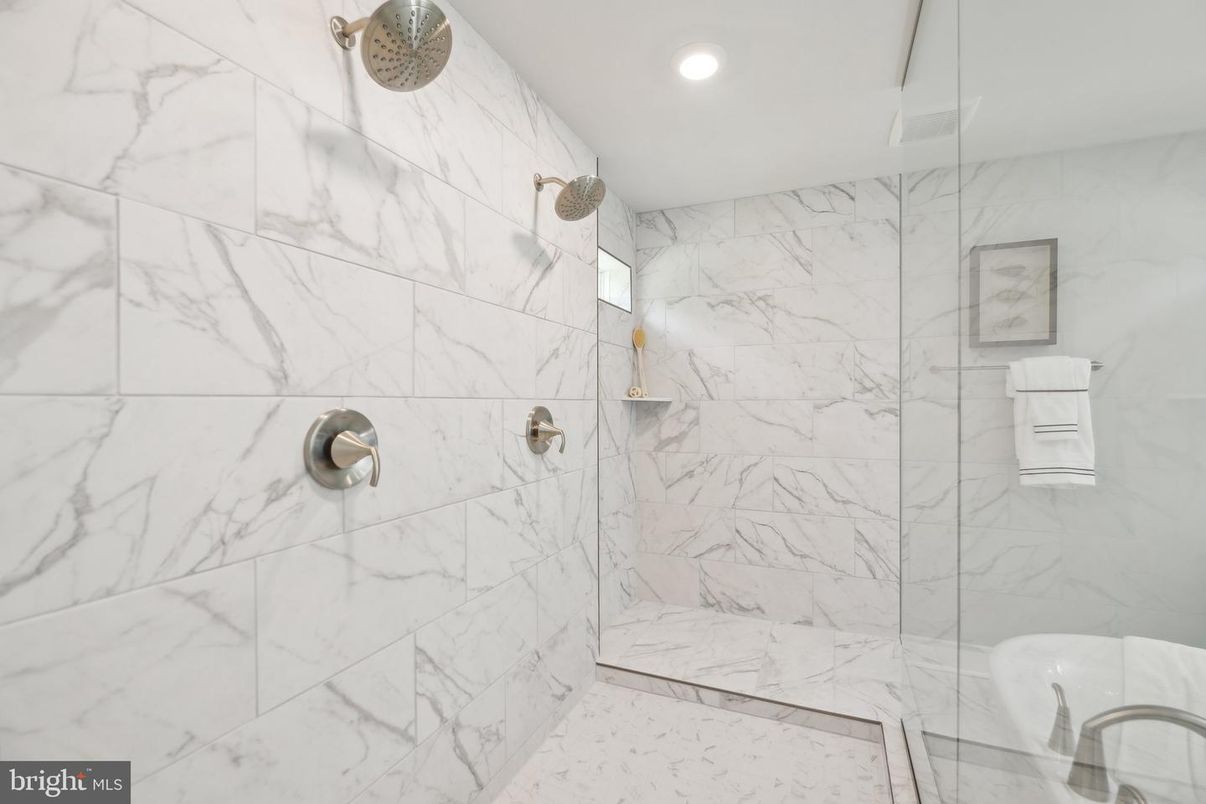 Bathroom, Glass Shower, Interior, Marble Walls, Recessed Lighting