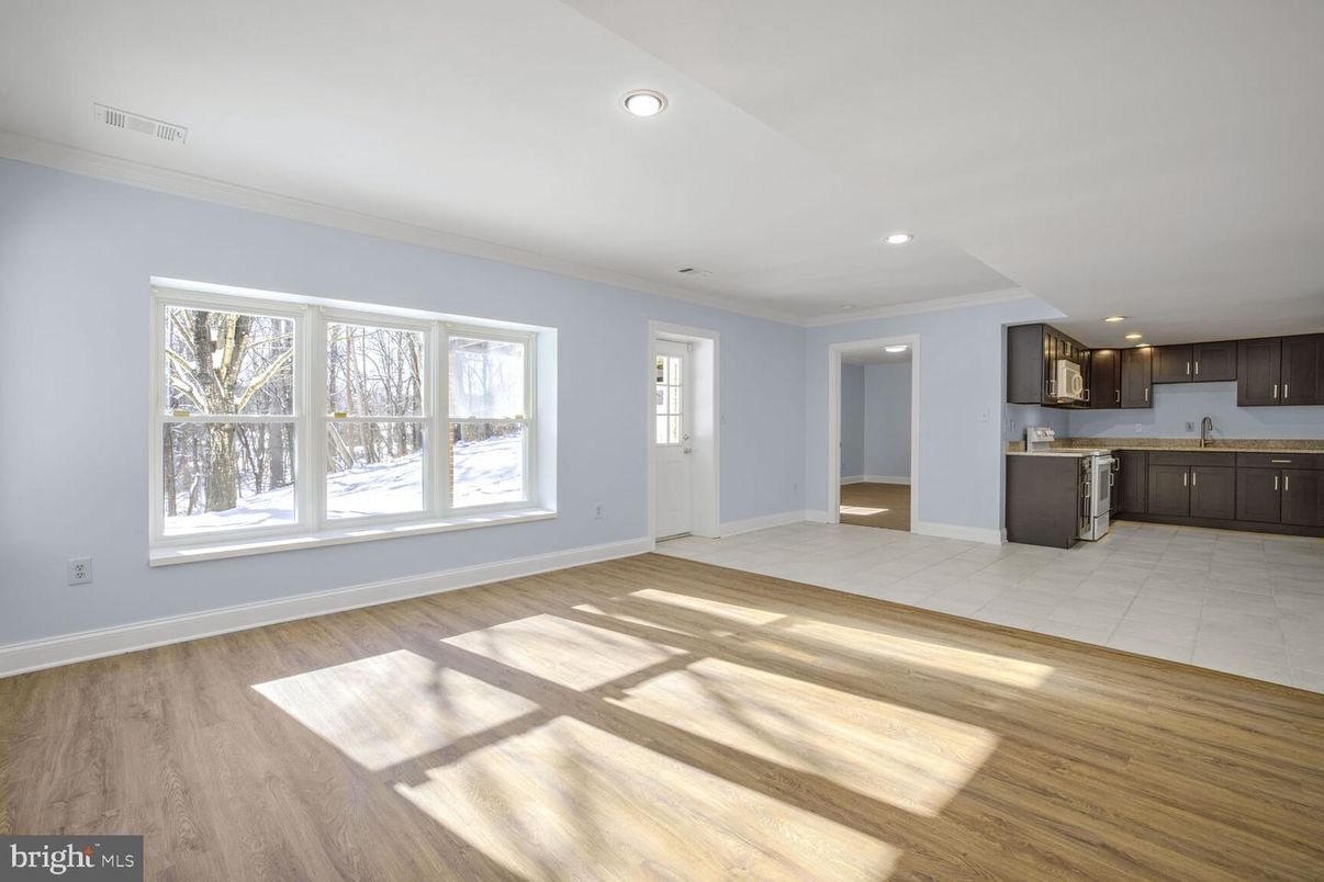 Empty room, Interior, Kitchen, Recessed Lighting, Wood Texture Flooring