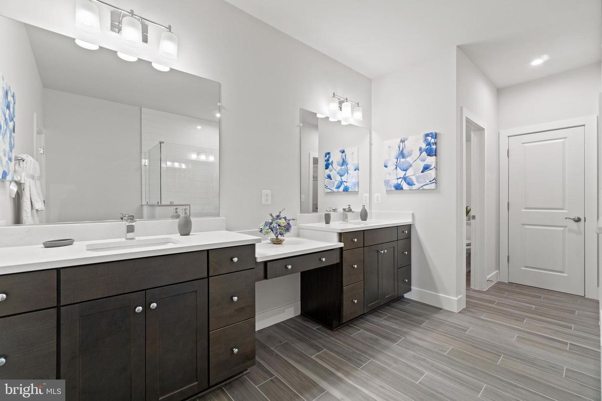 Bathroom, Dual Sink Vanities, Interior, Recessed Lighting, Wood Texture Flooring