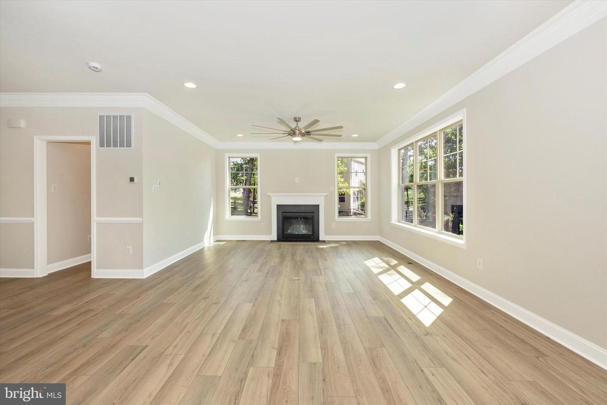 Empty room, Fireplace, Interior, Recessed Lighting, Wood Texture Flooring