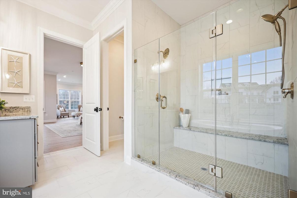 Bathroom, Glass Shower, Interior, Marble, Marble Walls, Recessed Lighting, Wood Texture Flooring