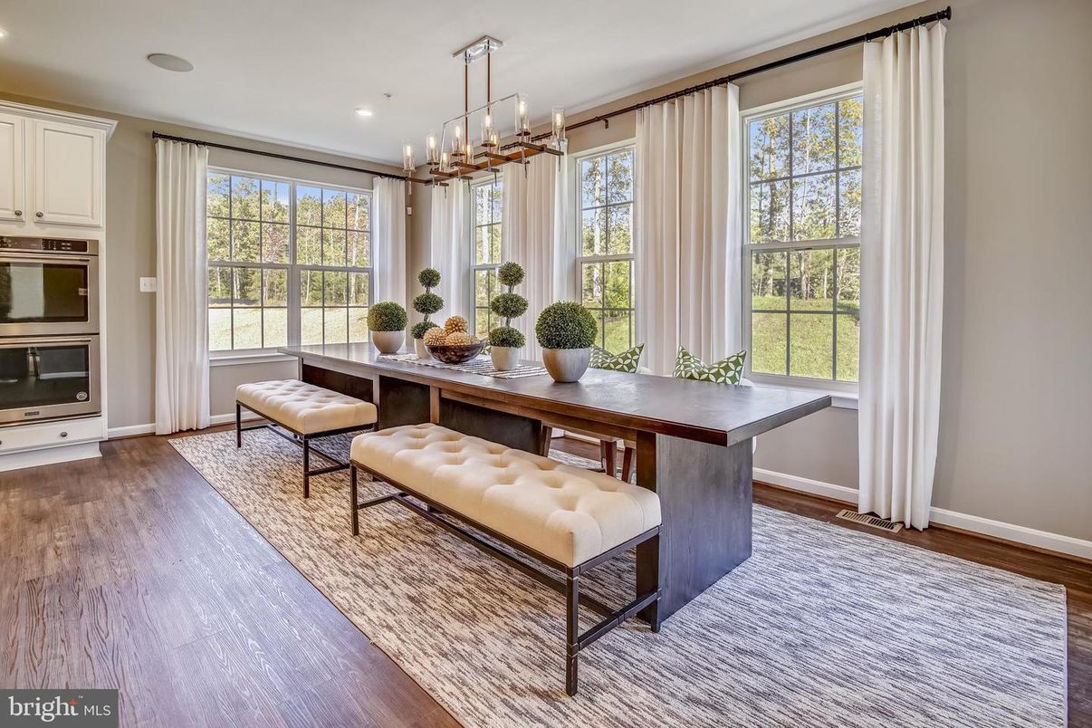 Dining room, Interior, Pendant Lights, Recessed Lighting, Wood Texture Flooring