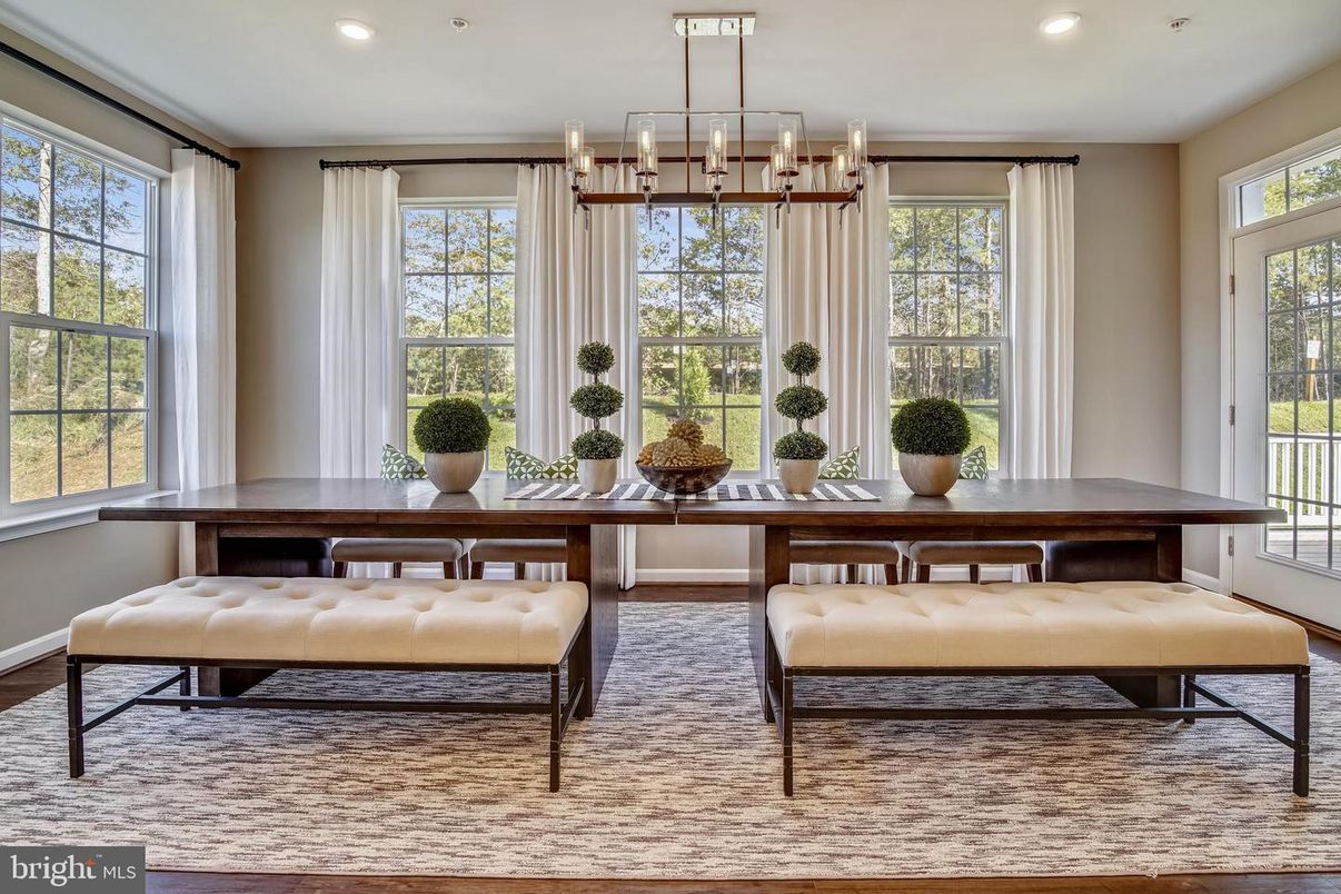 Dining room, Interior, Pendant Lights, Recessed Lighting, Wood Texture Flooring