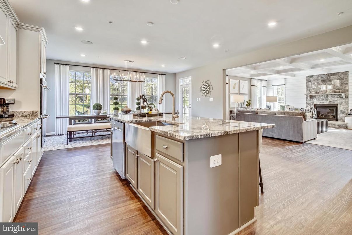 Dining room, Fireplace, Interior, Kitchen, Living room, Pendant Lights, Recessed Lighting, Wood Texture Flooring