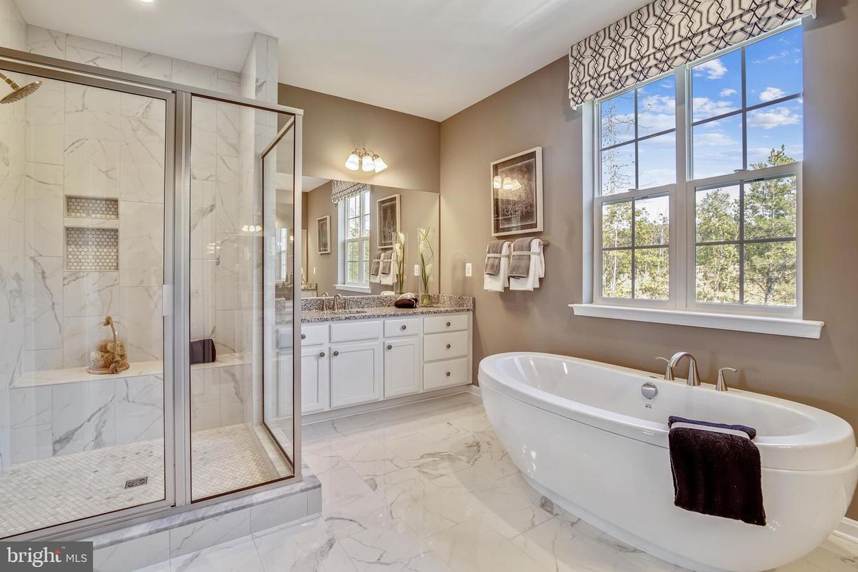 Bathroom, Free Standing Baths, Glass Shower, Interior, Marble, Marble Walls, Recessed Lighting