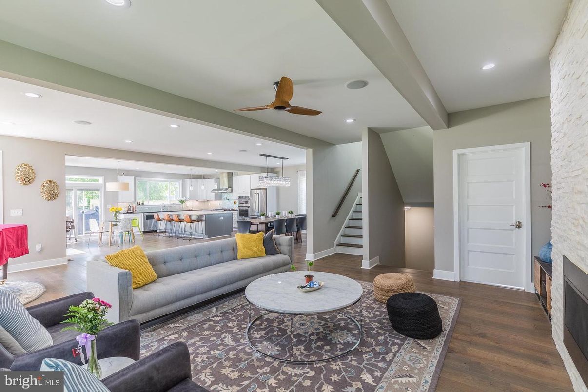 Dining room, Fireplace, Interior, Kitchen, Living room, Pendant Lights, Recessed Lighting, Stainless Steel Appliances, Wood Texture Flooring