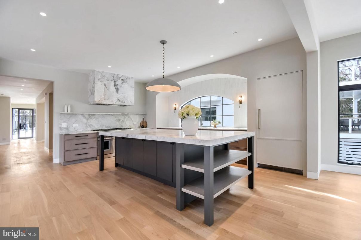 Interior, Kitchen, Marble Walls, Pendant Lights, Recessed Lighting, Wood Texture Flooring
