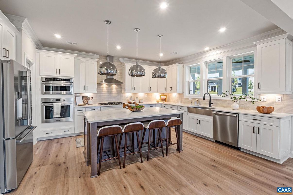 Interior, Kitchen, Pendant Lights, Recessed Lighting, Stainless Steel Appliances, Wood Texture Flooring