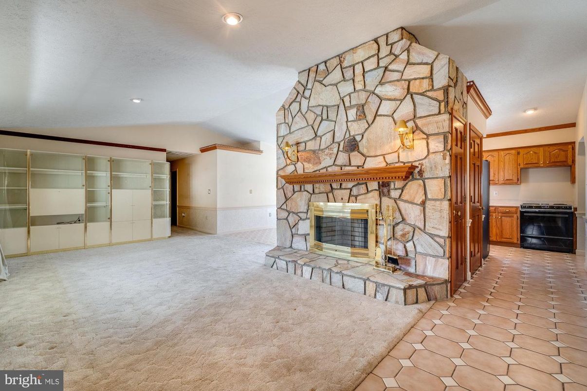 Fireplace, Interior, Recessed Lighting, Stone Walls