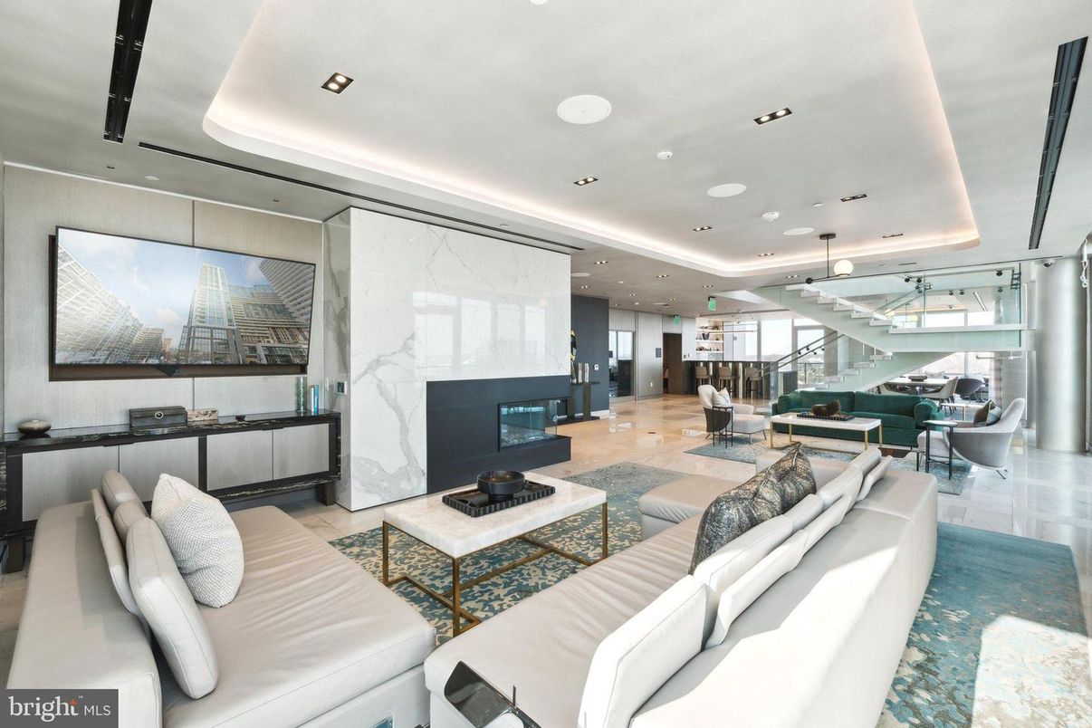 Dining room, Fireplace, Interior, Living room, Marble Walls, Pendant Lights, Recessed Lighting