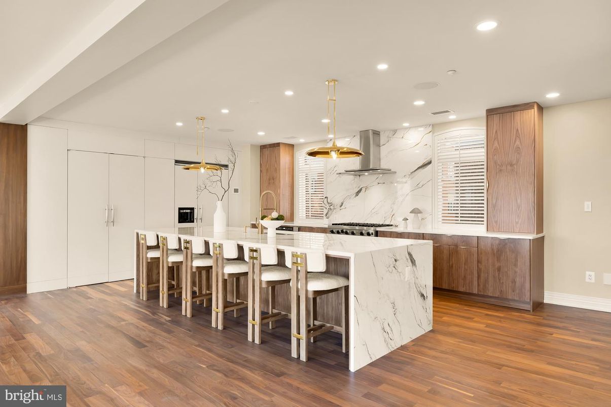 Interior, Kitchen, Marble Walls, Pendant Lights, Recessed Lighting, Wood Texture Flooring