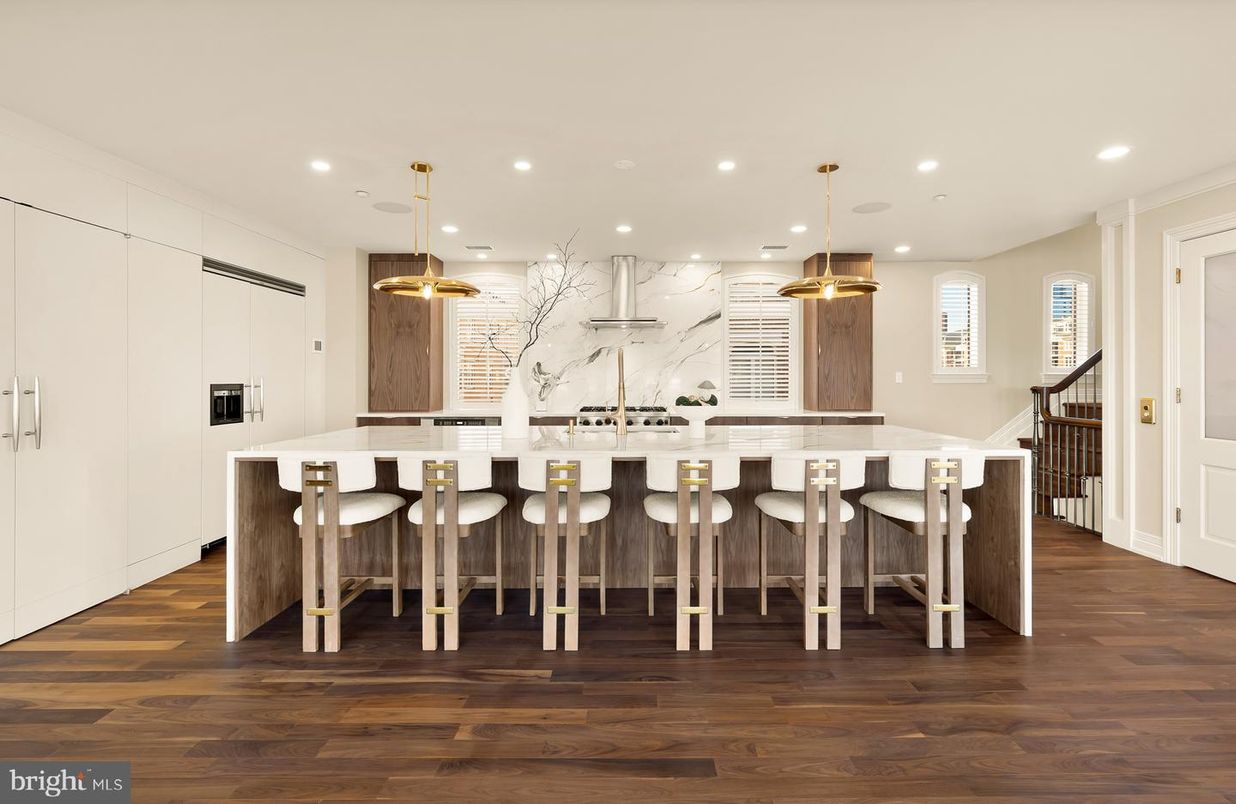 Interior, Kitchen, Marble Walls, Pendant Lights, Recessed Lighting, Wood Texture Flooring