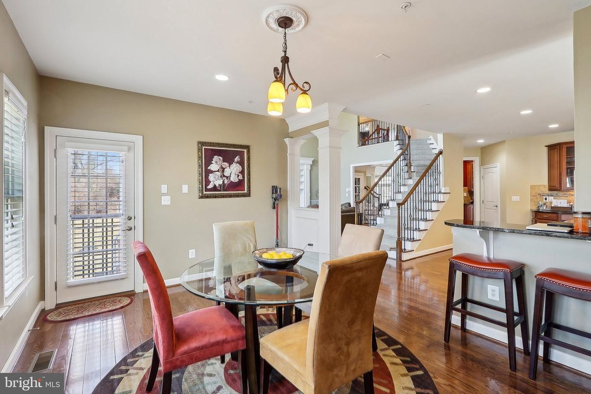 Dining room, Interior, Pendant Lights, Recessed Lighting, Wood Texture Flooring