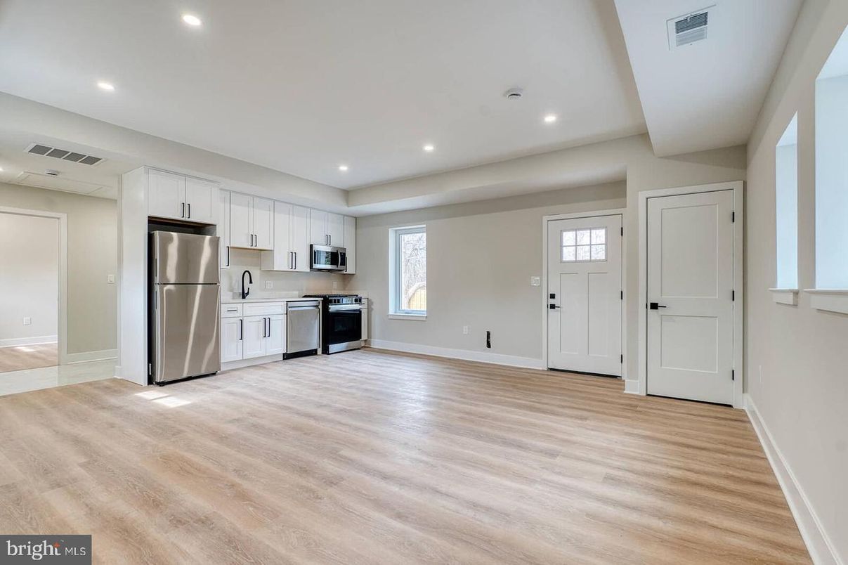 Interior, Kitchen, Recessed Lighting, Stainless Steel Appliances, Wood Texture Flooring