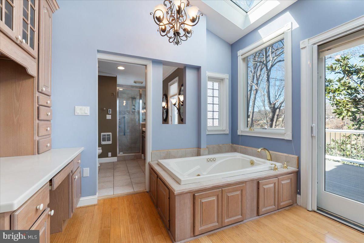 Bathroom, Chandelier, Interior, Recessed Lighting, Wood Texture Flooring