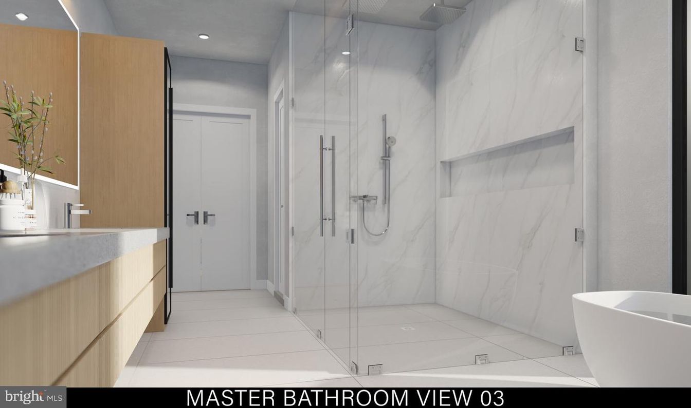 Bathroom, Free Standing Baths, Glass Shower, Interior, Marble Walls, Recessed Lighting