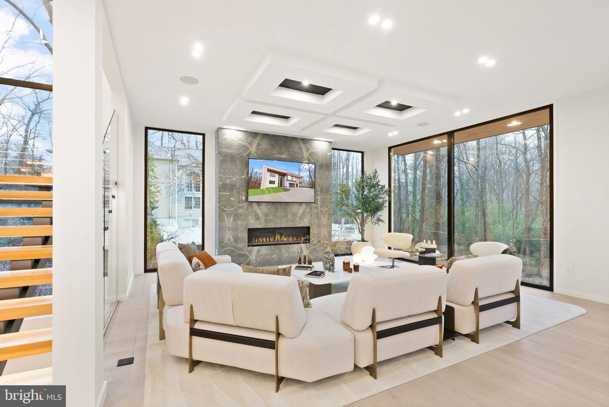 Fireplace, Interior, Living room, Recessed Lighting, Wood Texture Flooring