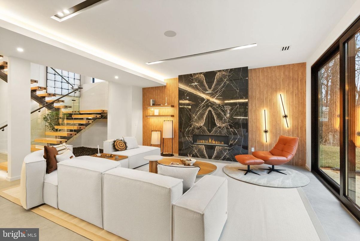 Fireplace, Interior, Living room, Marble Walls, Recessed Lighting, Wooden Walls