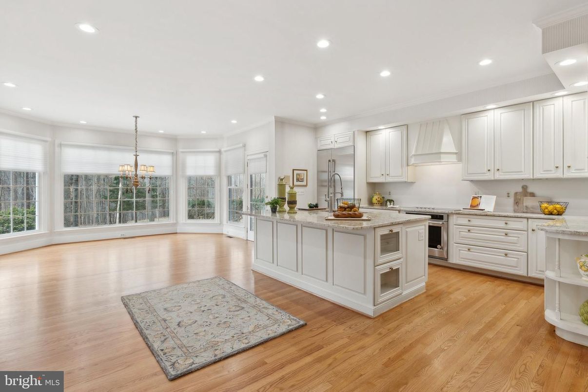 Chandelier, Interior, Kitchen, Recessed Lighting, Stainless Steel Appliances, Wood Texture Flooring
