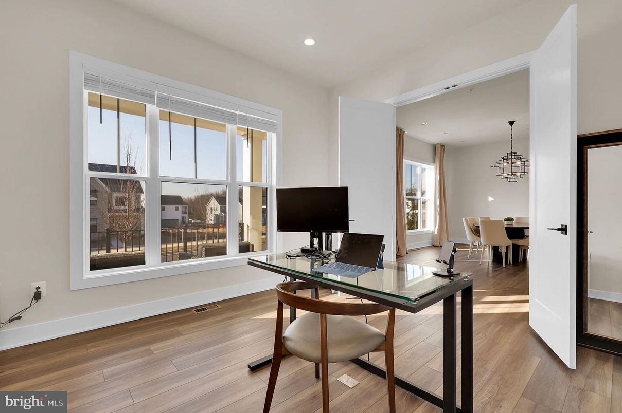 Chandelier, Home Office, Interior, Pendant Lights, Recessed Lighting, Wood Texture Flooring