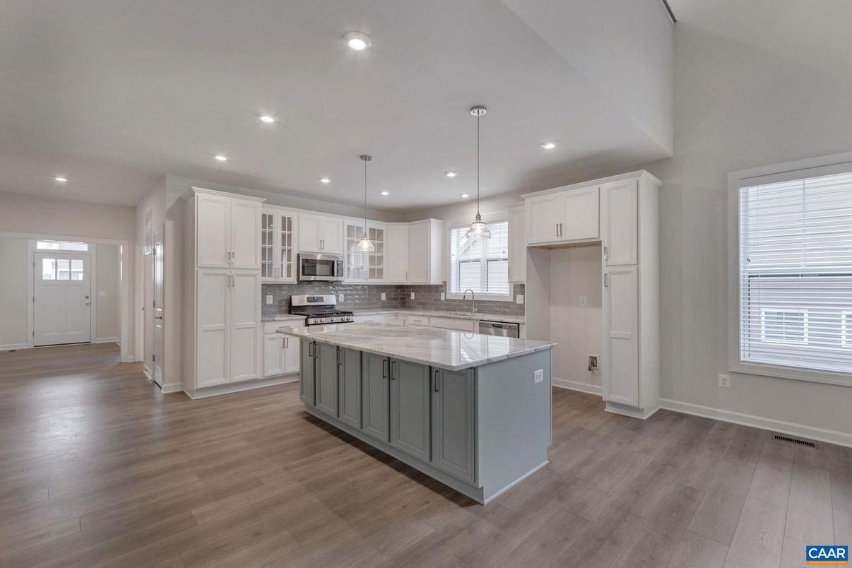 Interior, Kitchen, Pendant Lights, Recessed Lighting, Stainless Steel Appliances, Wood Texture Flooring