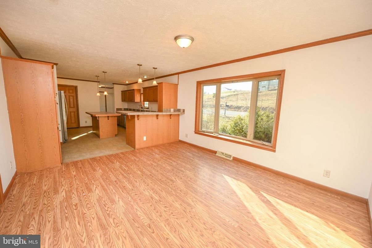 Empty room, Interior, Kitchen, Pendant Lights, Wood Texture Flooring