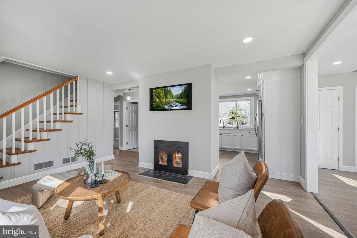 Fireplace, Interior, Living room, Recessed Lighting, Wood Texture Flooring