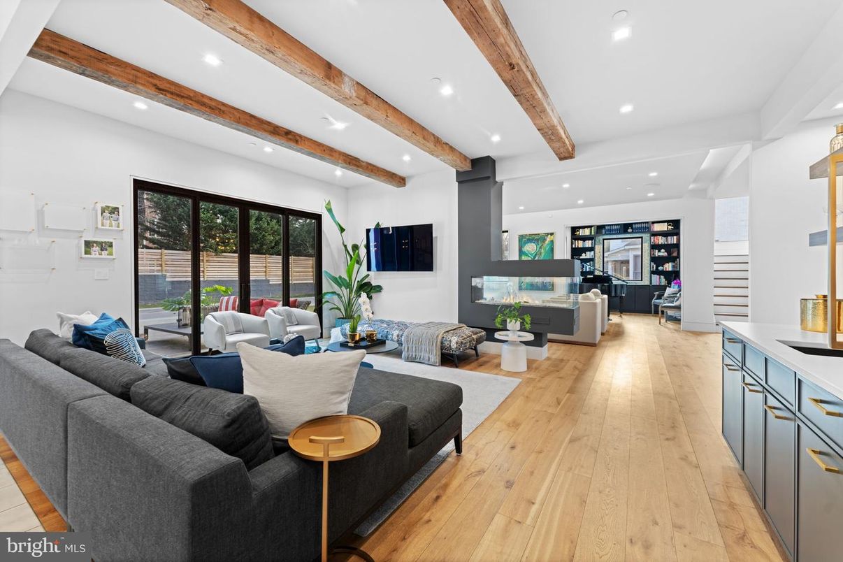 Fireplace, Interior, Living room, Recessed Lighting, Wooden Beams, Wood Texture Flooring