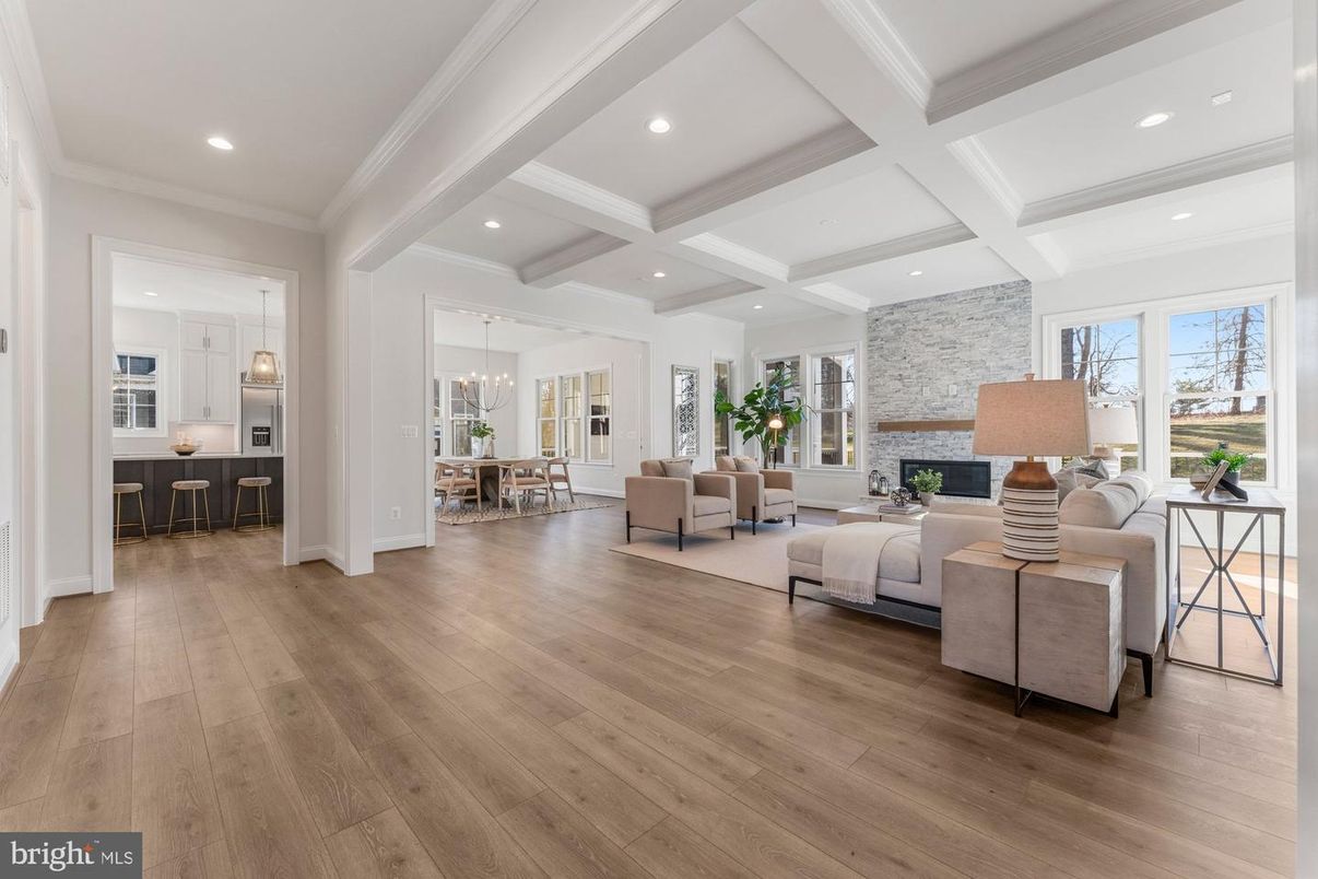 Dining room, Fireplace, Interior, Kitchen, Living room, Pendant Lights, Recessed Lighting, Stone Walls, Wood Texture Flooring