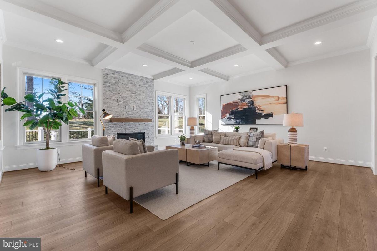Fireplace, Interior, Living room, Recessed Lighting, Stone Walls, Wood Texture Flooring