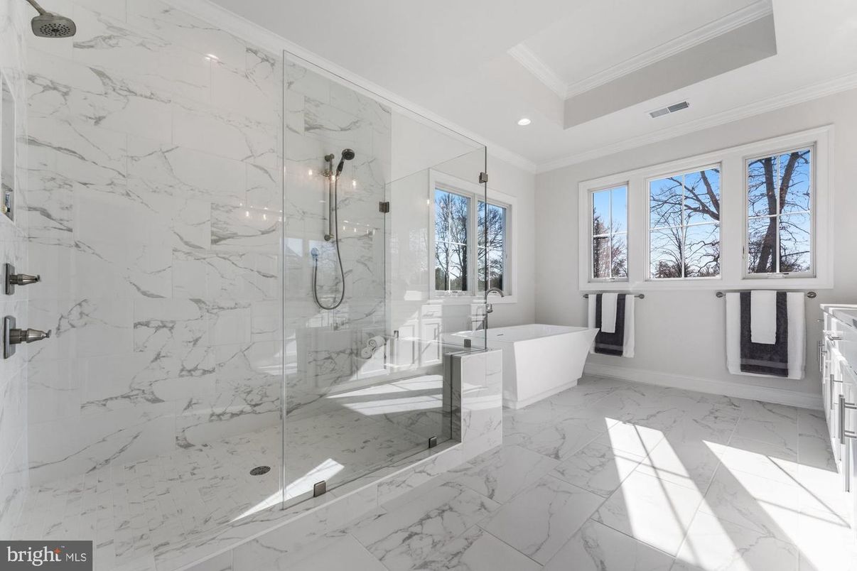 Bathroom, Free Standing Baths, Glass Shower, Interior, Marble, Marble Walls, Recessed Lighting