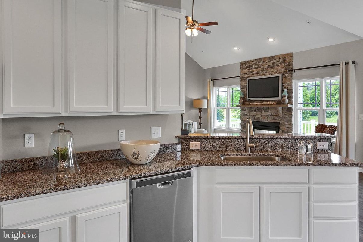 Fireplace, Interior, Kitchen, Recessed Lighting, Stone Walls