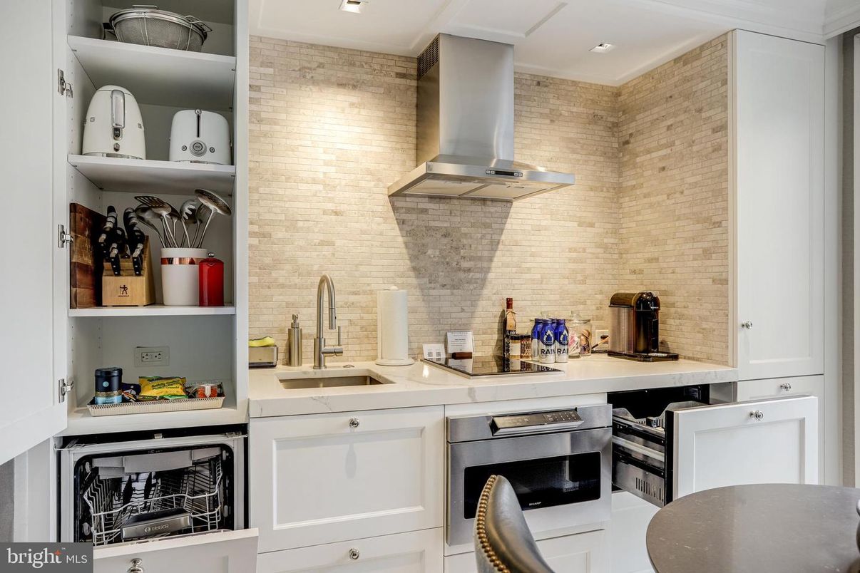 Interior, Kitchen, Recessed Lighting, Stainless Steel Appliances, Stone Walls, Washer