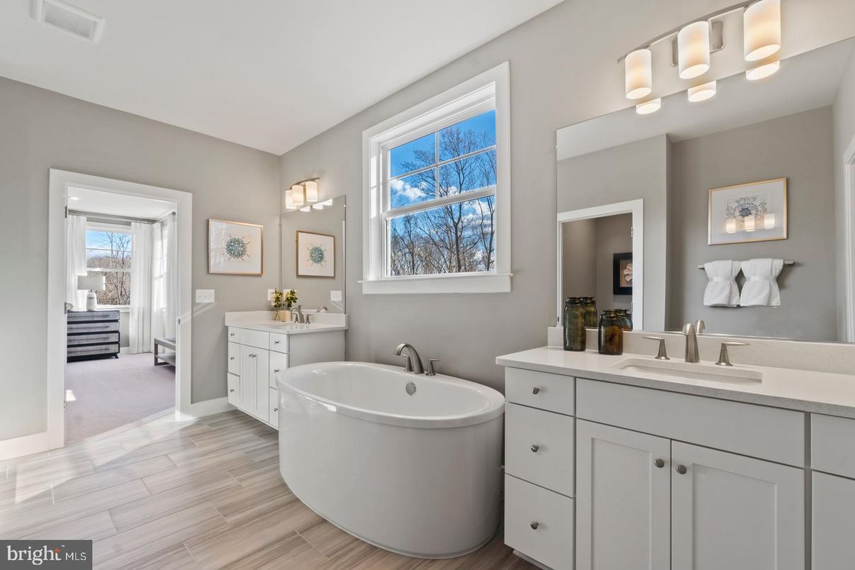 Bathroom, Dual Sink Vanities, Free Standing Baths, Interior, Wood Texture Flooring