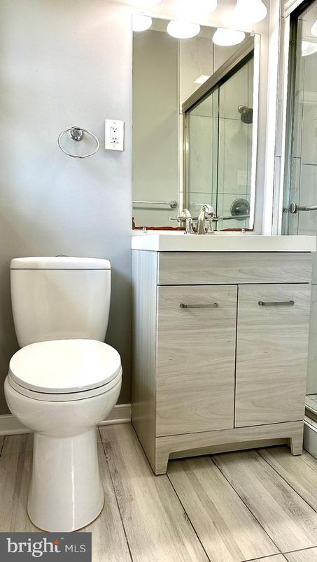 Bathroom, Glass Shower, Interior, Wood Texture Flooring
