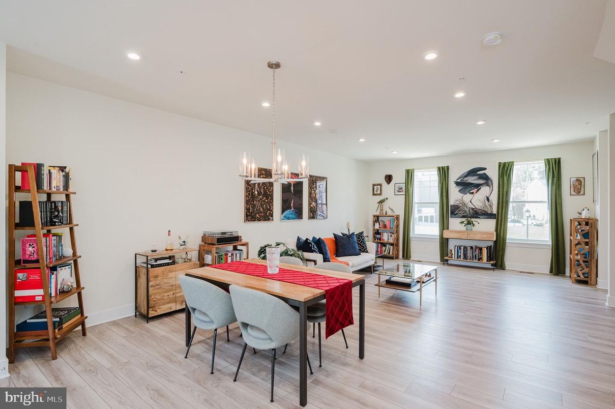 Chandelier, Dining room, Fireplace, Interior, Living room, Recessed Lighting, Wood Texture Flooring