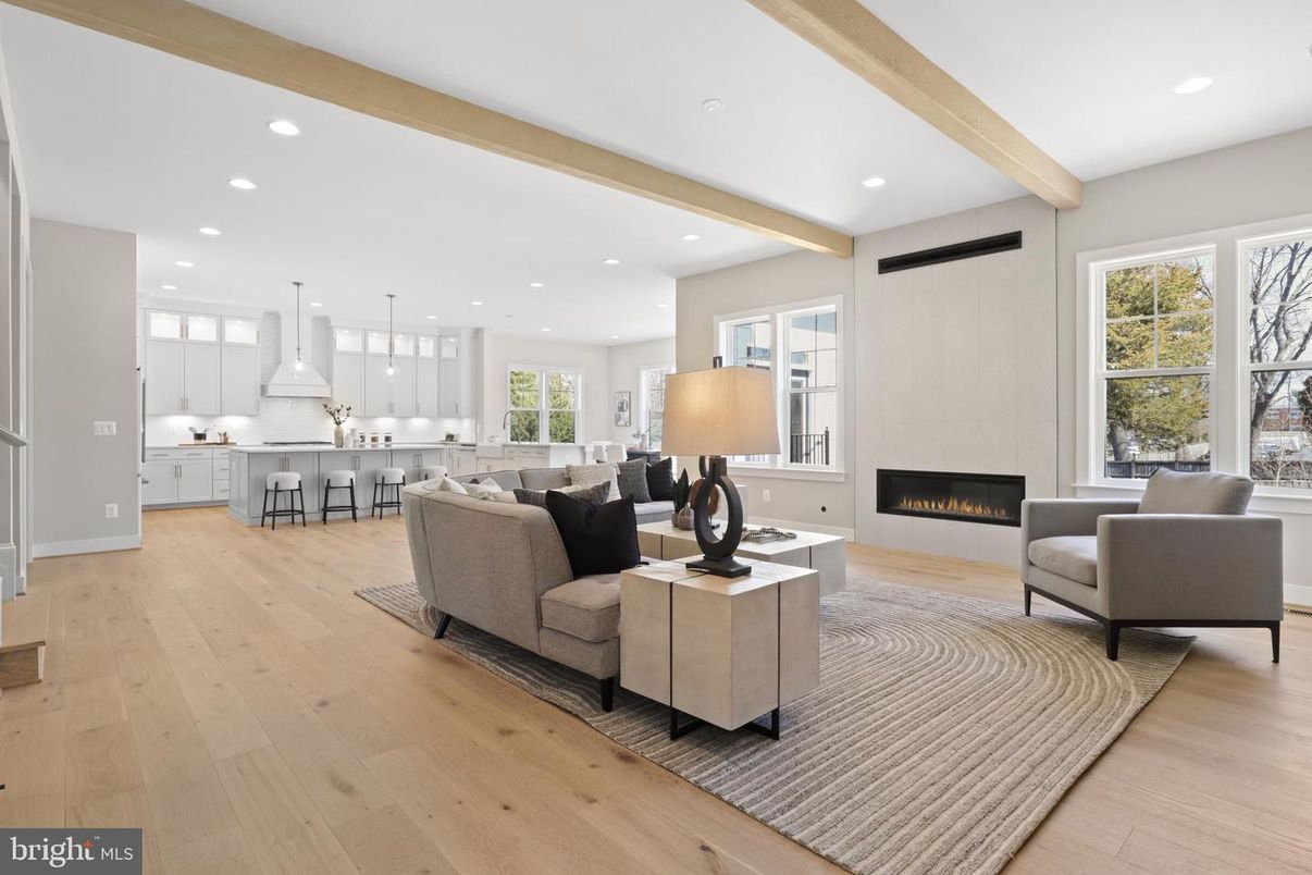 Fireplace, Interior, Kitchen, Living room, Pendant Lights, Recessed Lighting, Wood Texture Flooring