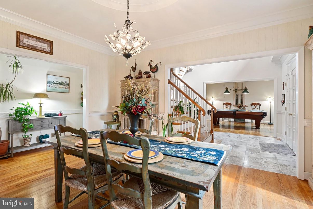 Billiard Table, Chandelier, Dining room, Game Room, Interior, Marble, Pendant Lights, Wood Texture Flooring