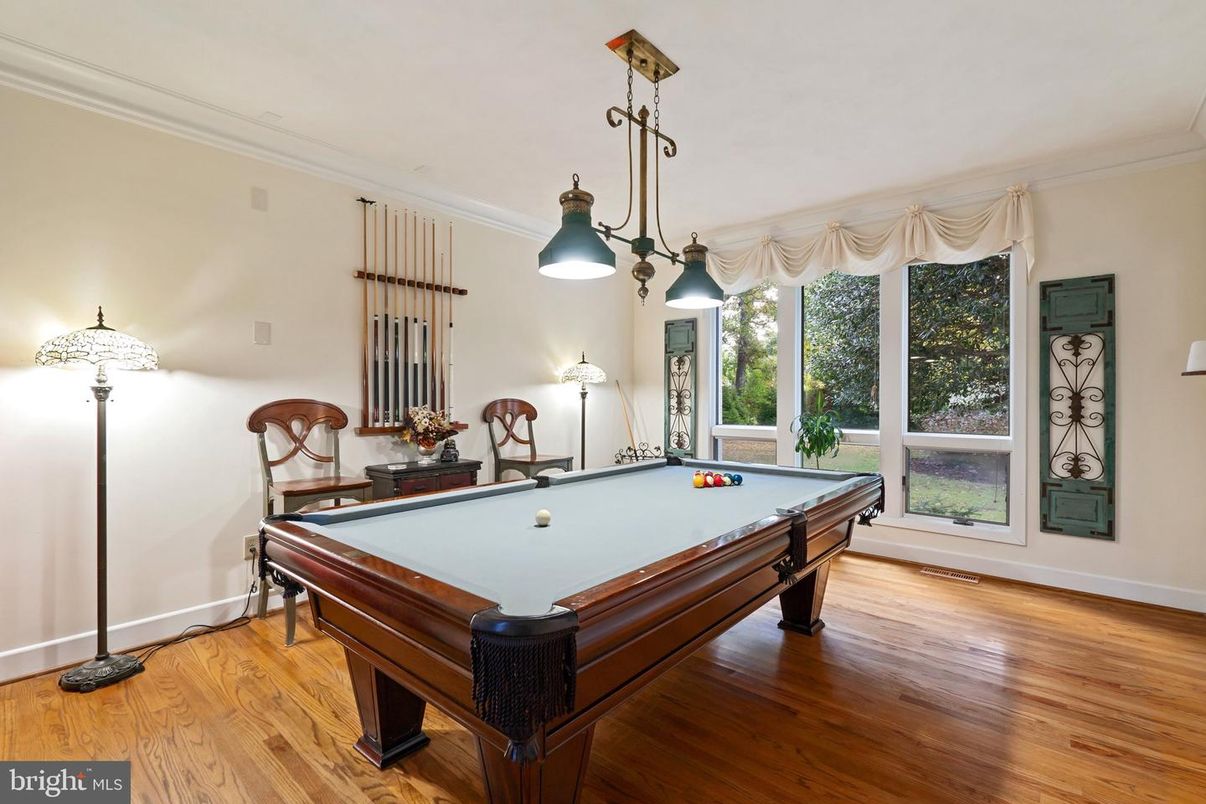 Billiard Table, Game Room, Interior, Pendant Lights, Wood Texture Flooring