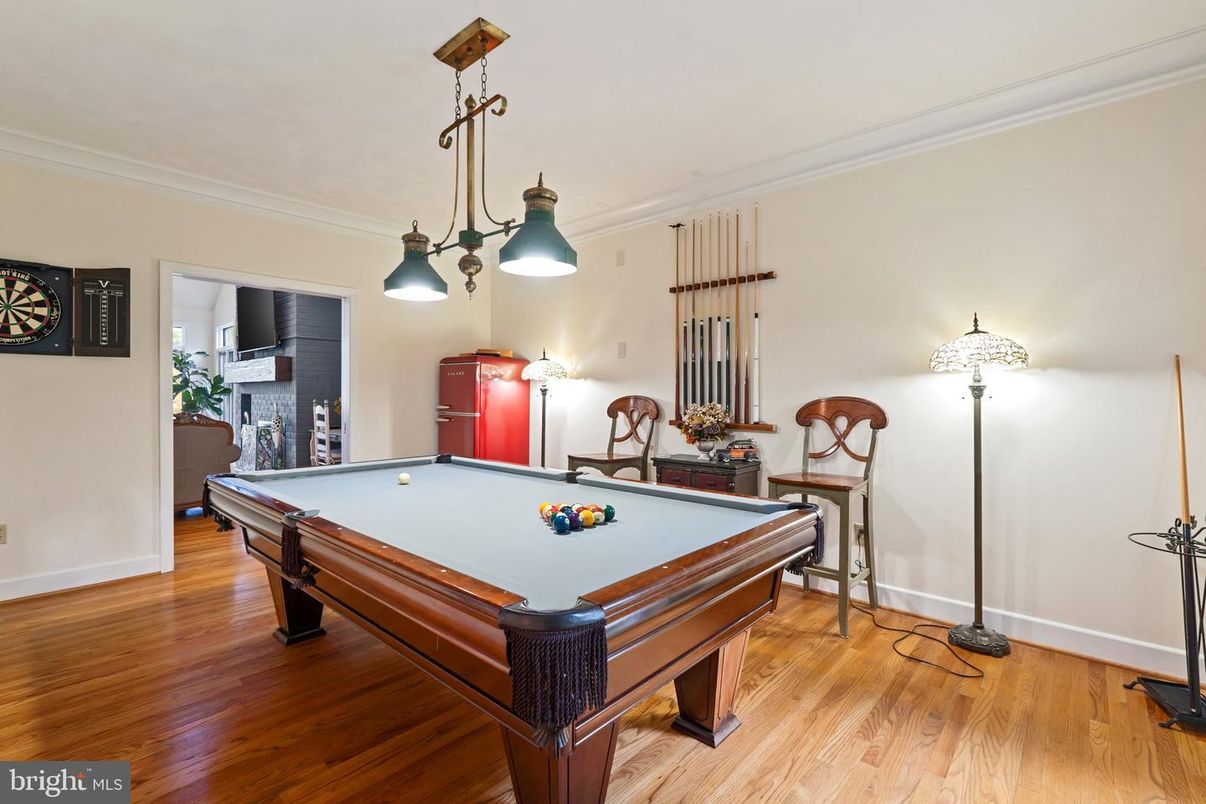 Billiard Table, Game Room, Interior, Pendant Lights, Wood Texture Flooring
