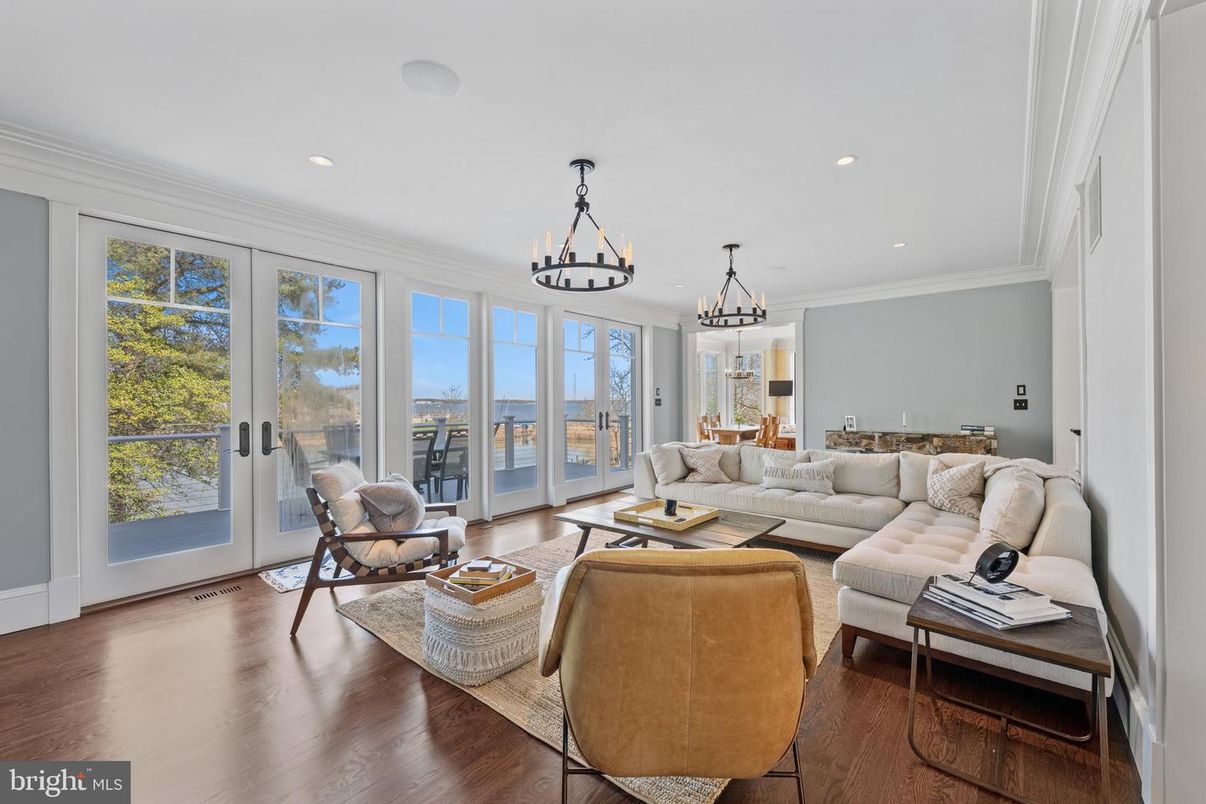 Chandelier, Interior, Living room, Recessed Lighting, Wood Texture Flooring
