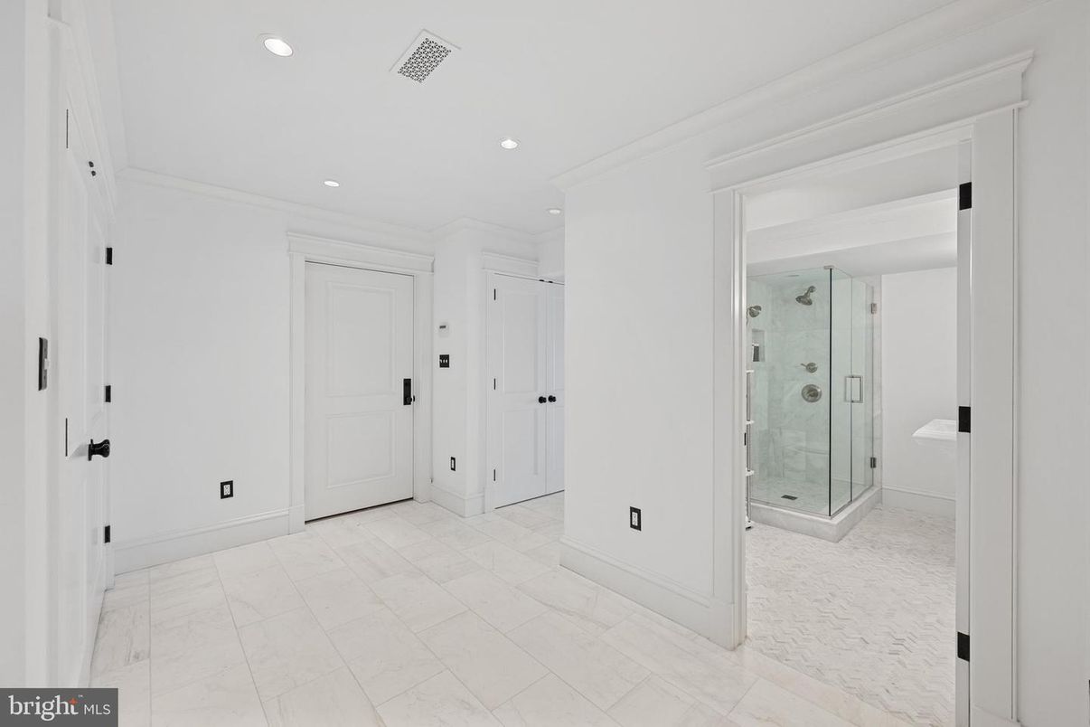 Bathroom, Glass Shower, Interior, Marble, Recessed Lighting