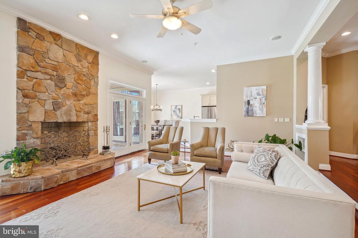 Fireplace, Interior, Kitchen, Living room, Recessed Lighting, Stone Walls, Wood Texture Flooring